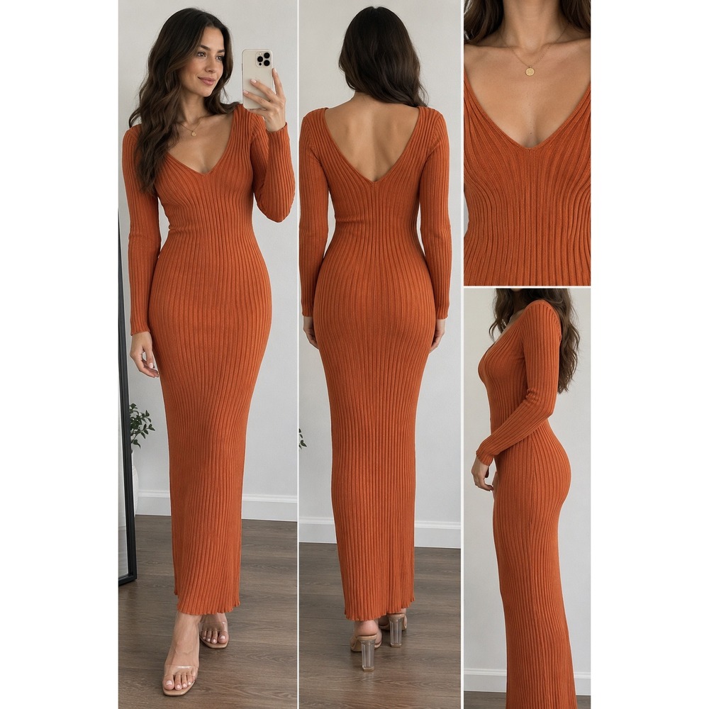 Nichole Lynel Women Burnt Orange Ribbed Knit V-Neck Long Sleeve Maxi Dress M